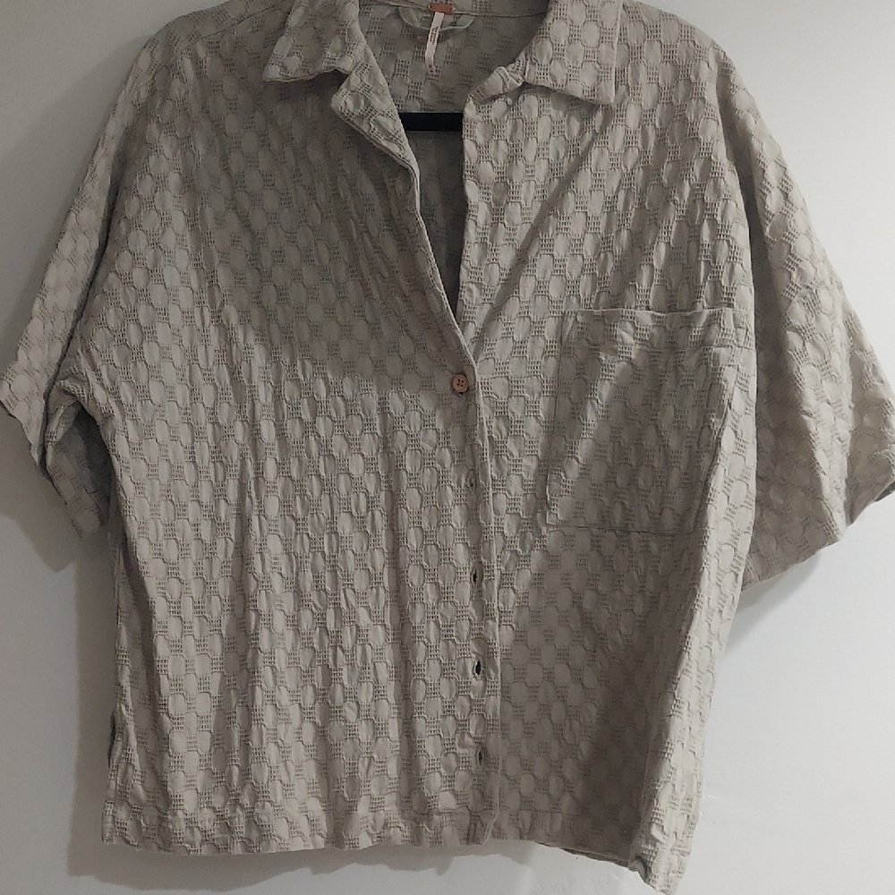 Free People Beige Patterned Button Down Shirt